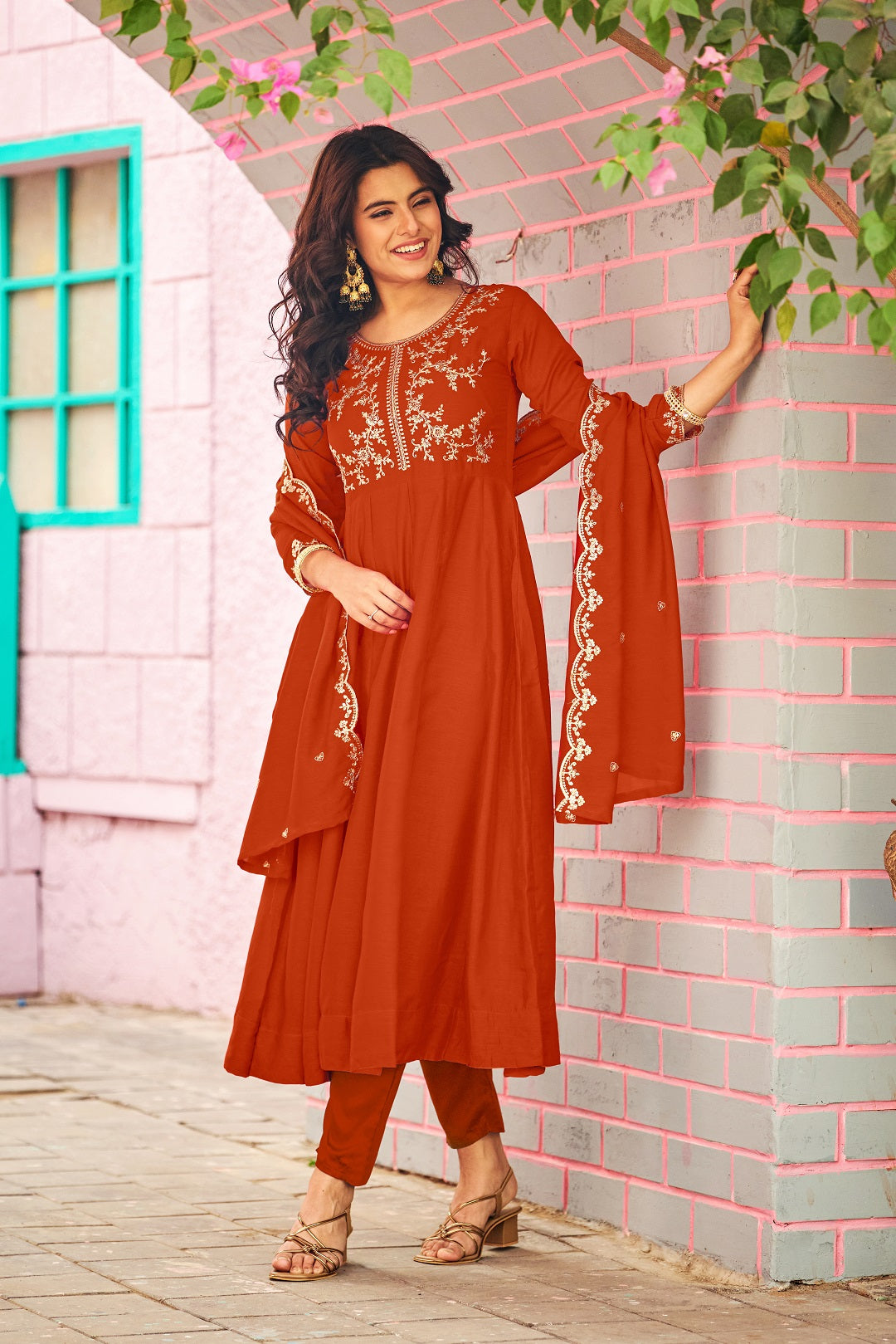 Dwija Fashion Anarkali Kurti Vichitra Silk Embroidered Orange Color Kurti With Pant And Dupatta | Grocsy