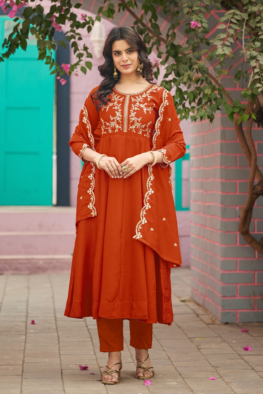 Dwija Fashion Anarkali Kurti Vichitra Silk Embroidered Orange Color Kurti With Pant And Dupatta | Grocsy