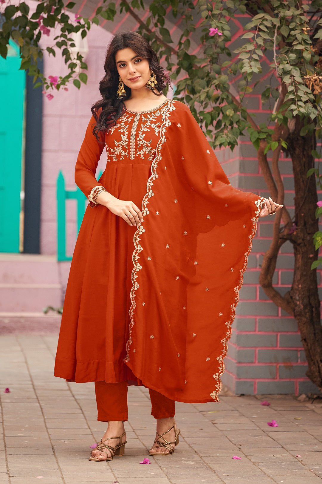 Dwija Fashion Anarkali Kurti Vichitra Silk Embroidered Orange Color Kurti With Pant And Dupatta | Grocsy