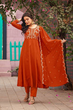 Dwija Fashion Anarkali Kurti Vichitra Silk Embroidered Orange Color Kurti With Pant And Dupatta | Grocsy