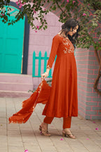Dwija Fashion Anarkali Kurti Vichitra Silk Embroidered Orange Color Kurti With Pant And Dupatta | Grocsy