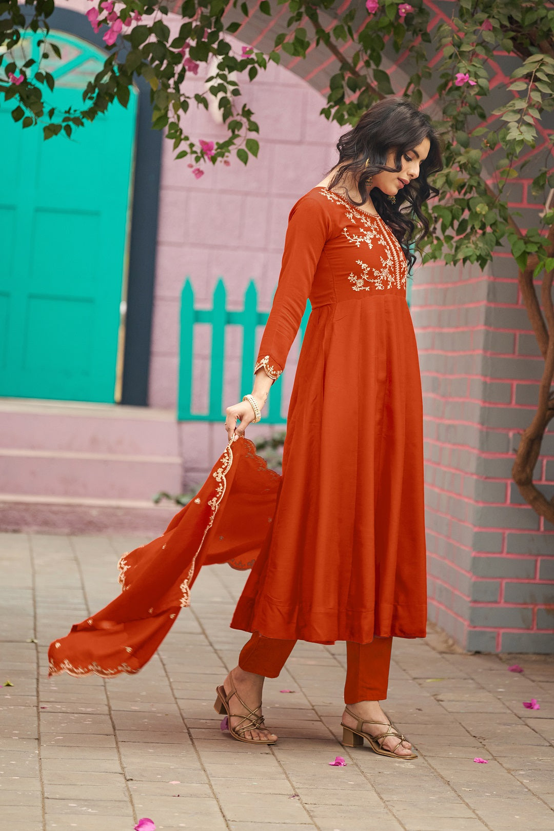 Dwija Fashion Anarkali Kurti Vichitra Silk Embroidered Orange Color Kurti With Pant And Dupatta | Grocsy