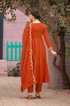 Dwija Fashion Anarkali Kurti Vichitra Silk Embroidered Orange Color Kurti With Pant And Dupatta | Grocsy