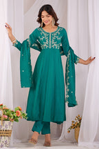 Dwija Fashion Anarkali Kurti Vichitra Silk Embroidered Teal Color Kurti With Pant And Dupatta | Grocsy