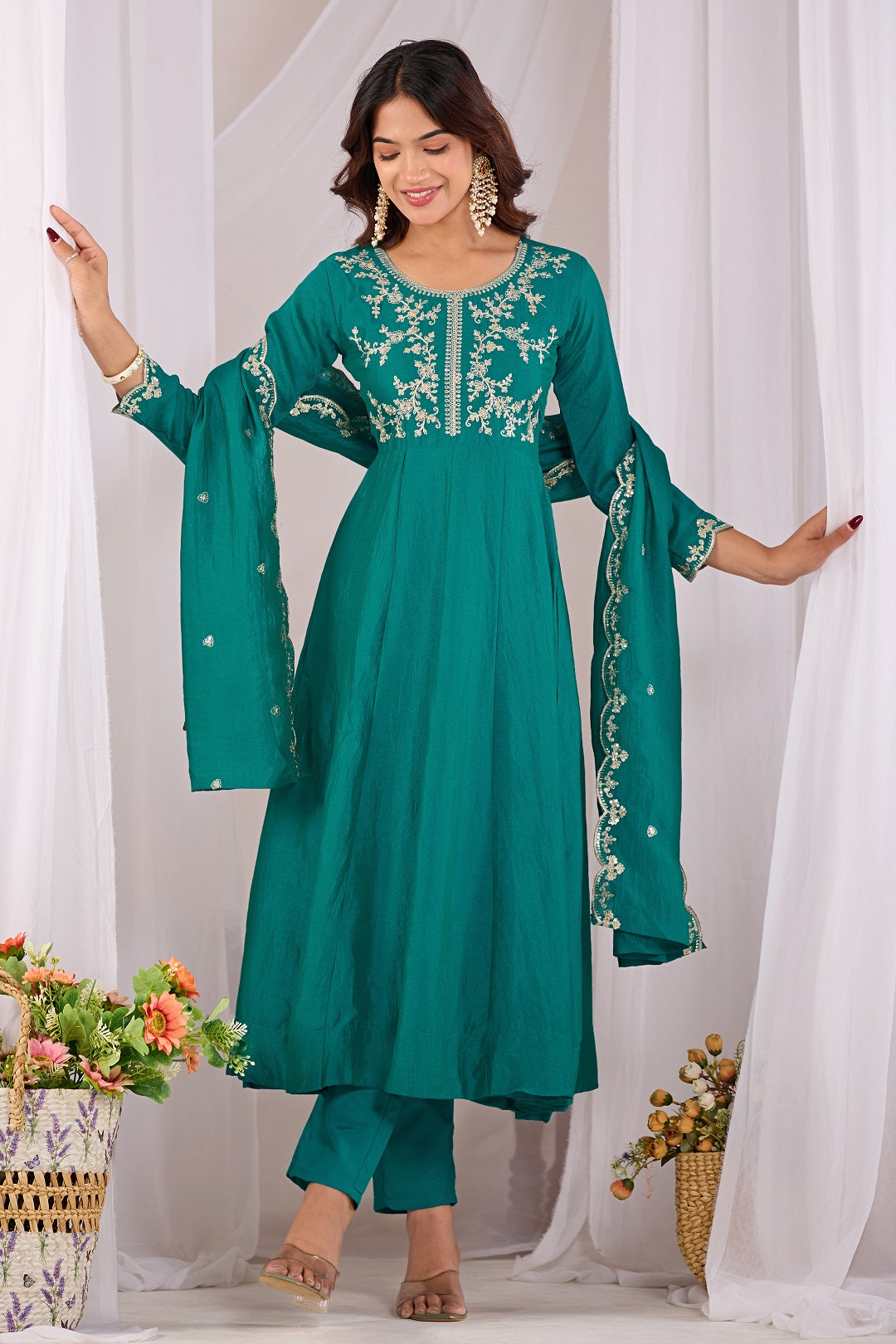 Dwija Fashion Anarkali Kurti Vichitra Silk Embroidered Teal Color Kurti With Pant And Dupatta | Grocsy