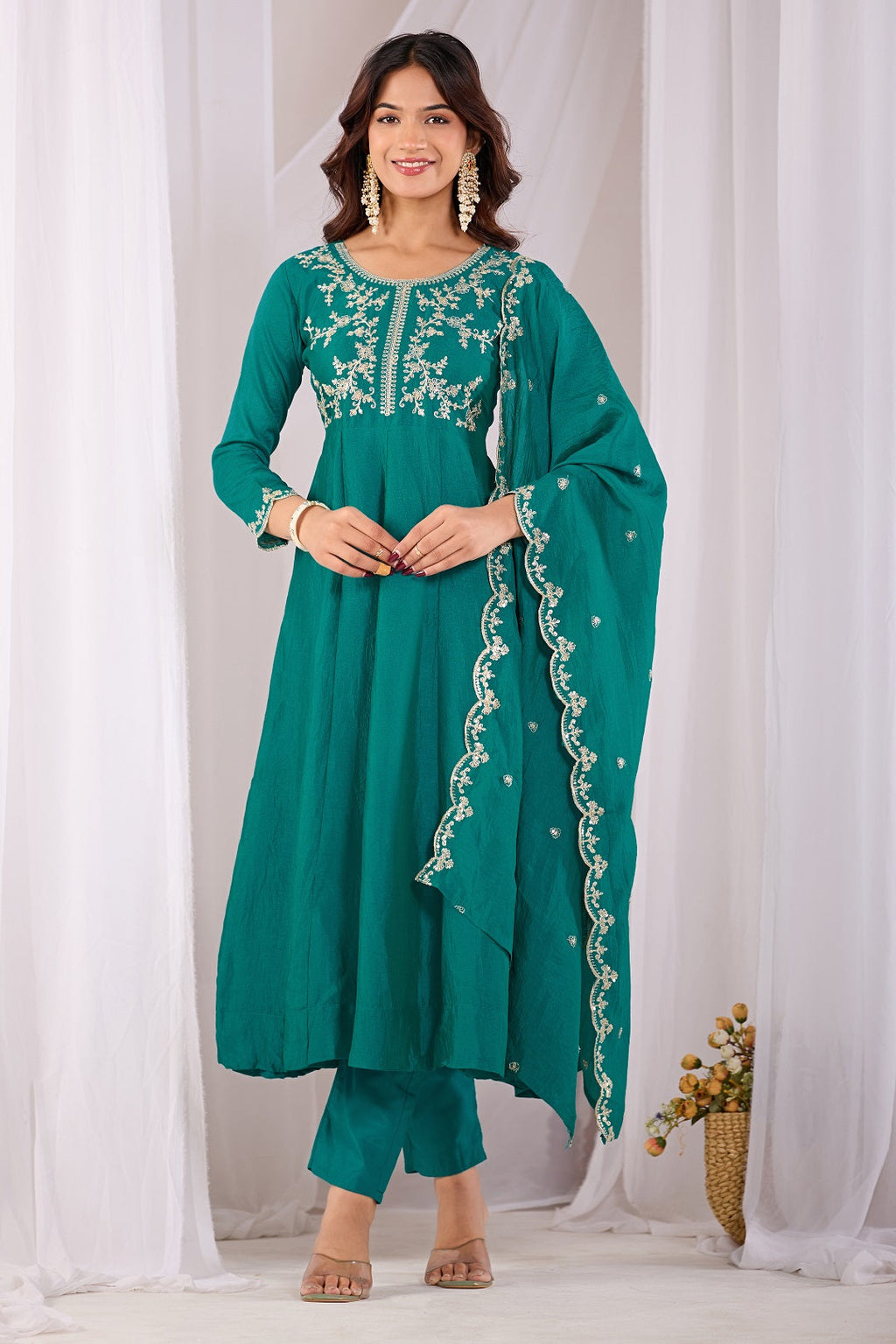 Dwija Fashion Anarkali Kurti Vichitra Silk Embroidered Teal Color Kurti With Pant And Dupatta | Grocsy