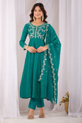 Dwija Fashion Anarkali Kurti Vichitra Silk Embroidered Teal Color Kurti With Pant And Dupatta | Grocsy