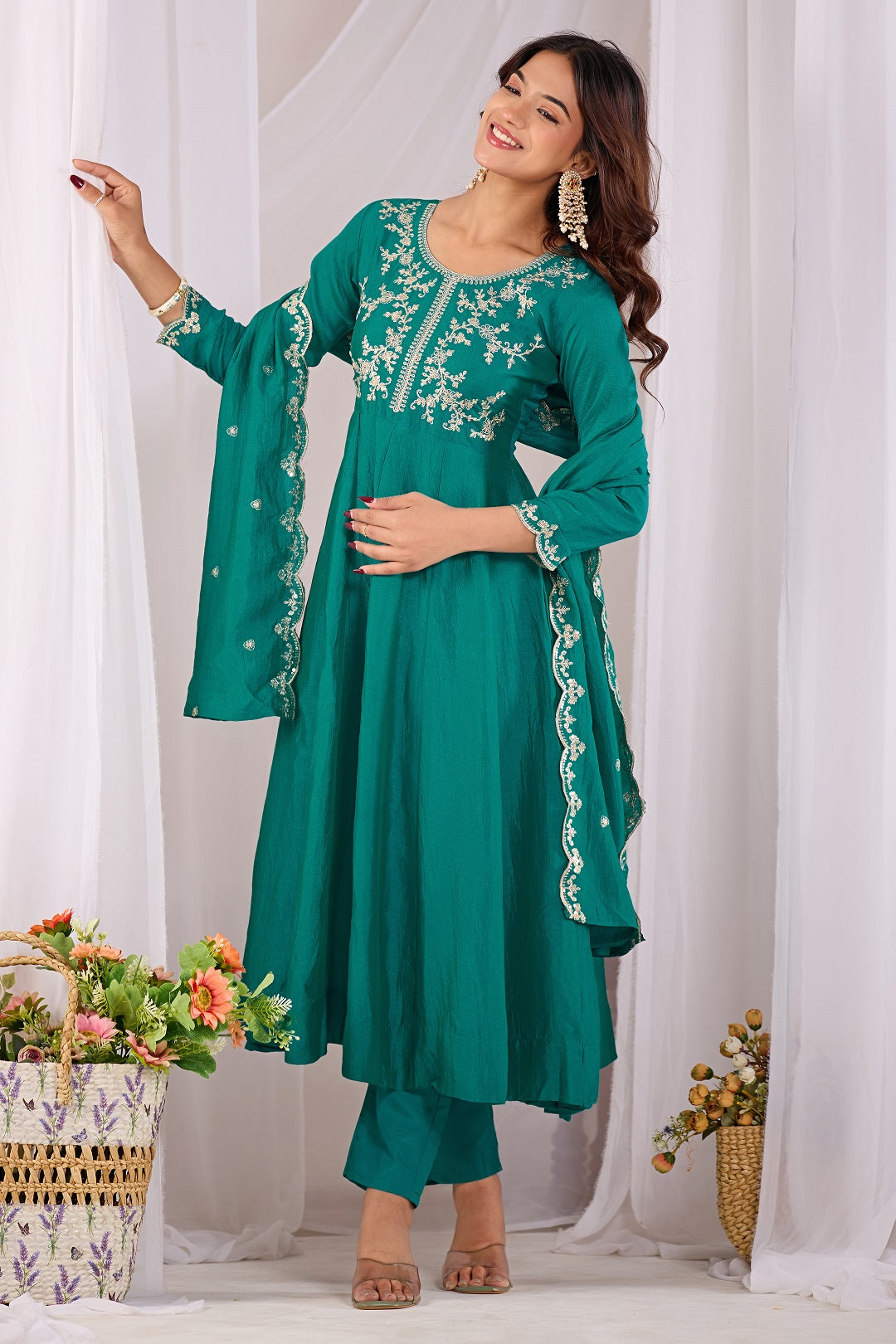 Dwija Fashion Anarkali Kurti Vichitra Silk Embroidered Teal Color Kurti With Pant And Dupatta | Grocsy