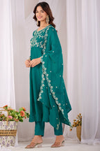 Dwija Fashion Anarkali Kurti Vichitra Silk Embroidered Teal Color Kurti With Pant And Dupatta | Grocsy