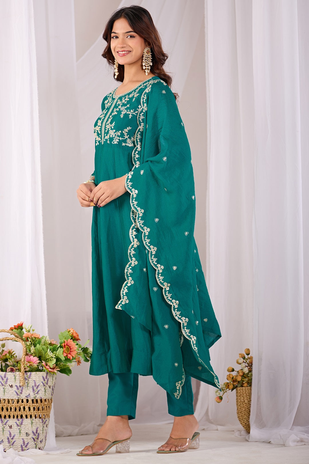 Dwija Fashion Anarkali Kurti Vichitra Silk Embroidered Teal Color Kurti With Pant And Dupatta | Grocsy