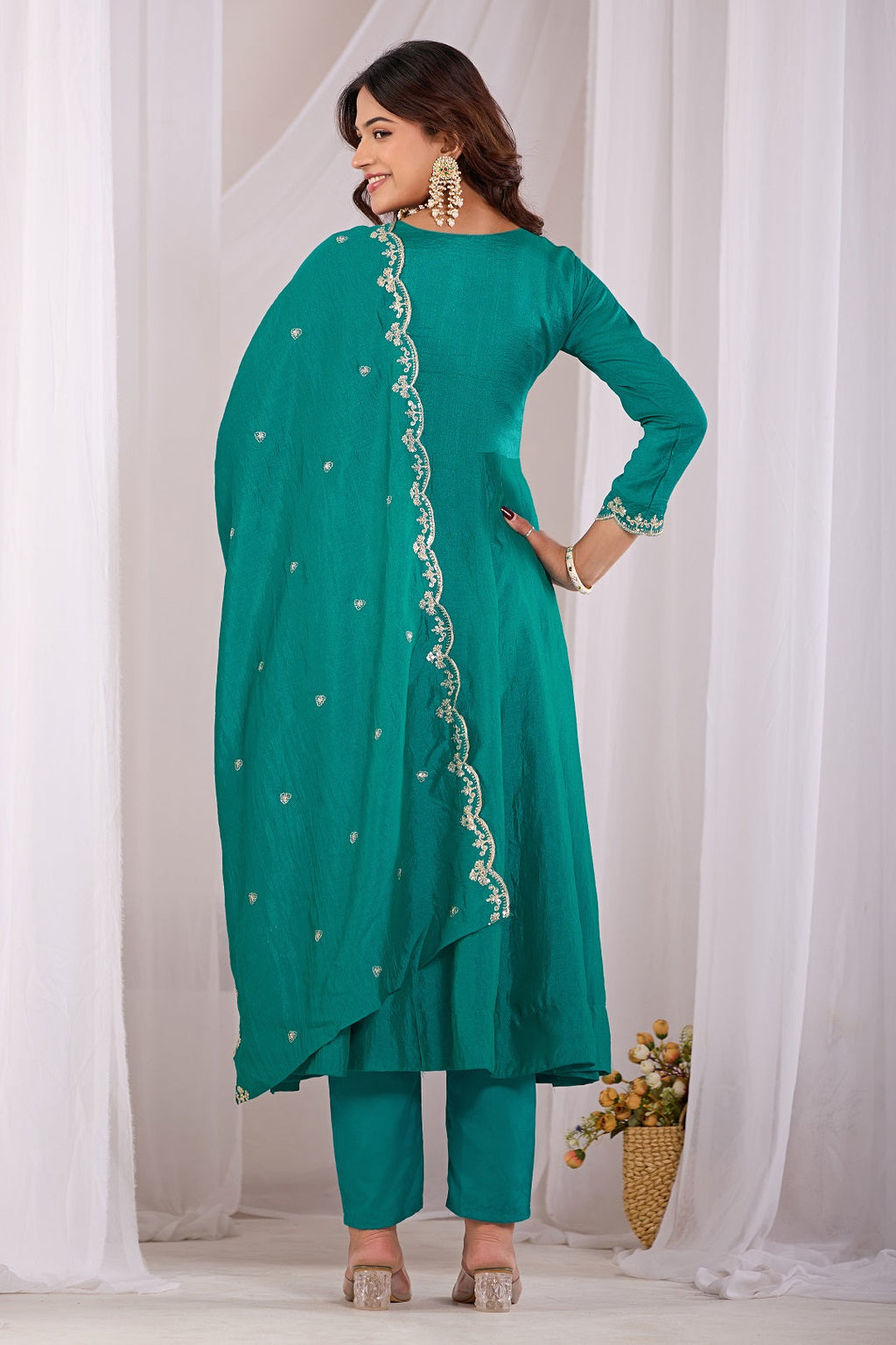 Dwija Fashion Anarkali Kurti Vichitra Silk Embroidered Teal Color Kurti With Pant And Dupatta | Grocsy