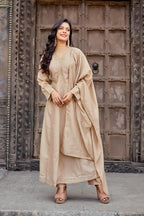 Dwija Fashion Anarkali Kurti Vichitra Silk Embroidered Beige Color Kurti With Pant And Dupatta | Grocsy