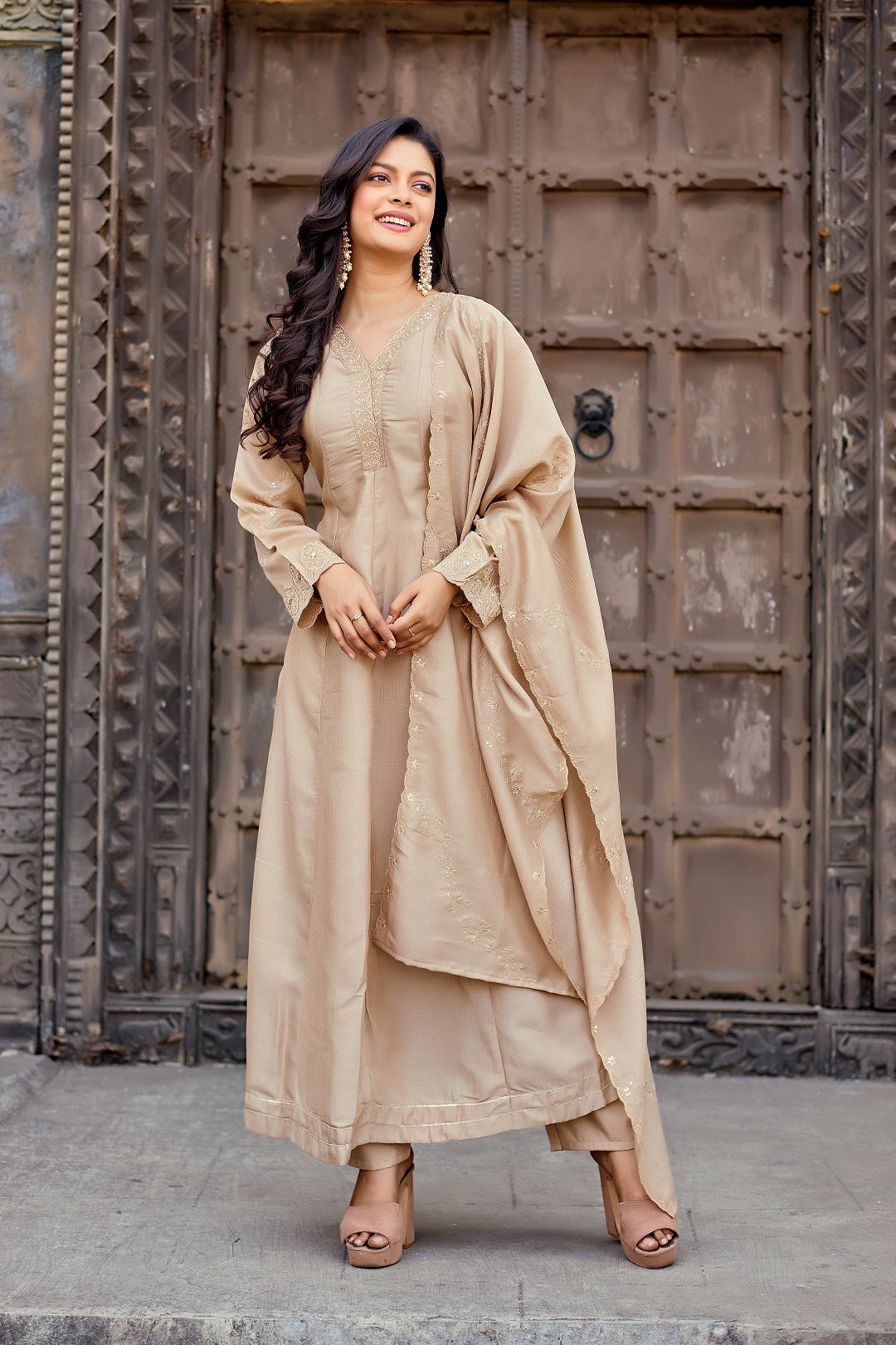 Dwija Fashion Anarkali Kurti Vichitra Silk Embroidered Beige Color Kurti With Pant And Dupatta | Grocsy