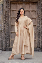 Dwija Fashion Anarkali Kurti Vichitra Silk Embroidered Beige Color Kurti With Pant And Dupatta | Grocsy