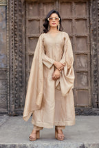 Dwija Fashion Anarkali Kurti Vichitra Silk Embroidered Beige Color Kurti With Pant And Dupatta | Grocsy