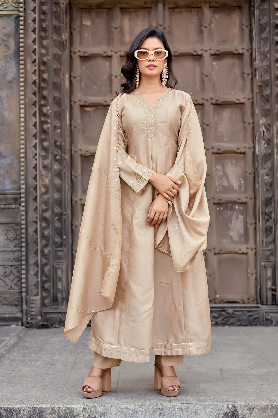 Dwija Fashion Anarkali Kurti Vichitra Silk Embroidered Beige Color Kurti With Pant And Dupatta | Grocsy