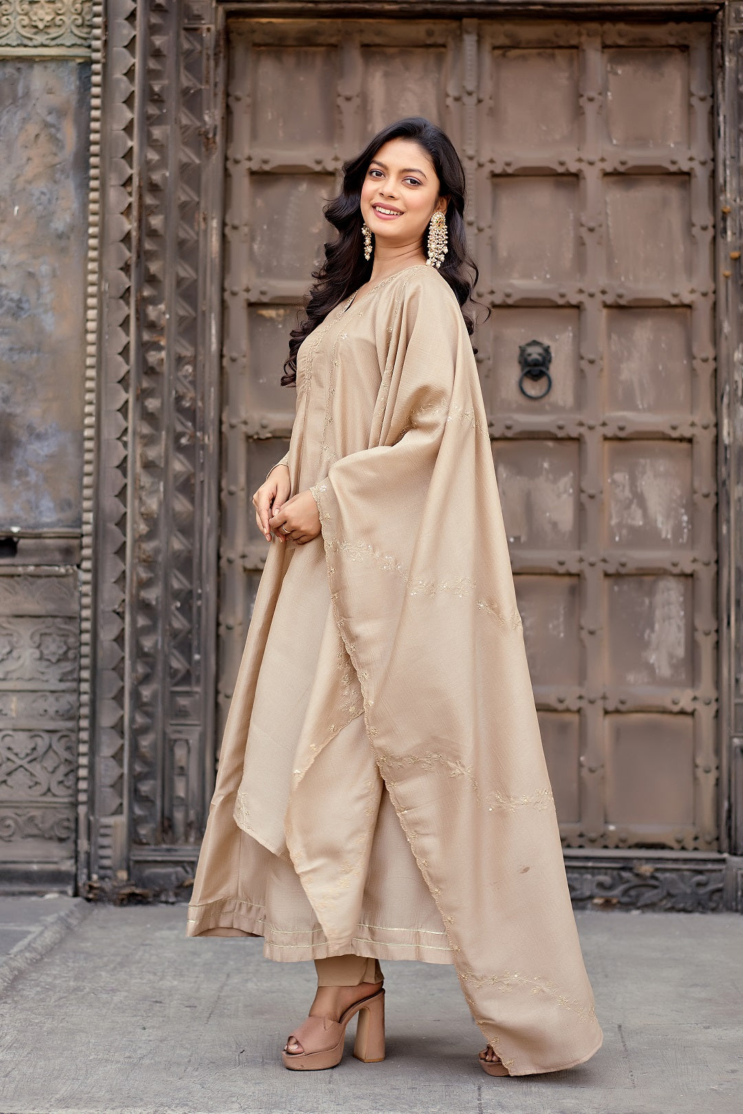 Dwija Fashion Anarkali Kurti Vichitra Silk Embroidered Beige Color Kurti With Pant And Dupatta | Grocsy