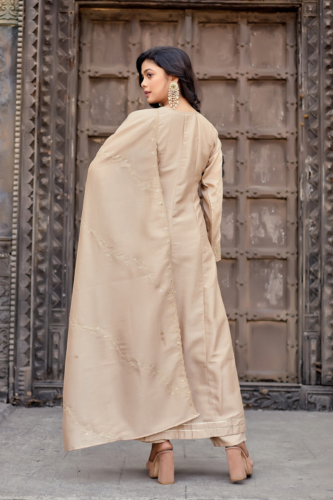 Dwija Fashion Anarkali Kurti Vichitra Silk Embroidered Beige Color Kurti With Pant And Dupatta | Grocsy