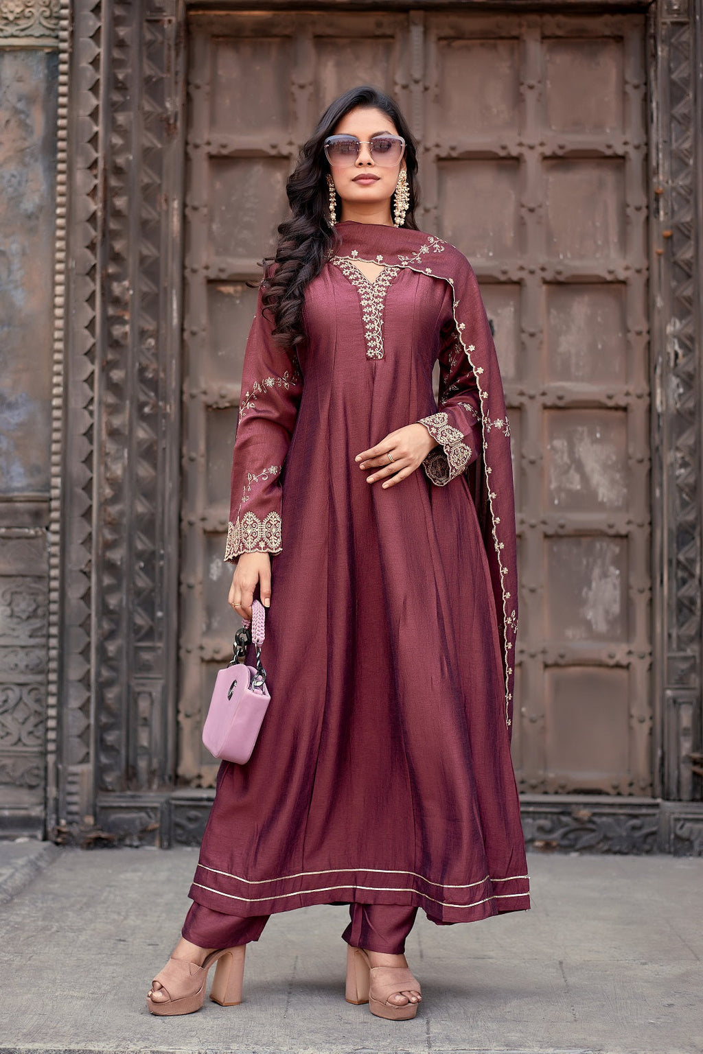 Dwija Fashion Anarkali Kurti Vichitra Silk Embroidered Maroon Color Kurti With Pant And Dupatta | Grocsy