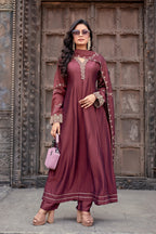 Dwija Fashion Anarkali Kurti Vichitra Silk Embroidered Maroon Color Kurti With Pant And Dupatta | Grocsy