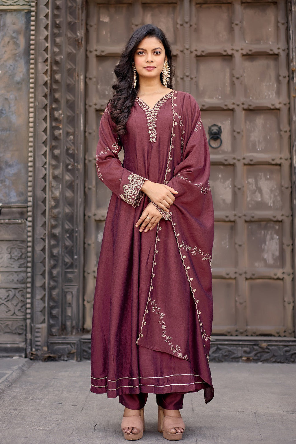 Dwija Fashion Anarkali Kurti Vichitra Silk Embroidered Maroon Color Kurti With Pant And Dupatta | Grocsy