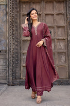Dwija Fashion Anarkali Kurti Vichitra Silk Embroidered Maroon Color Kurti With Pant And Dupatta | Grocsy