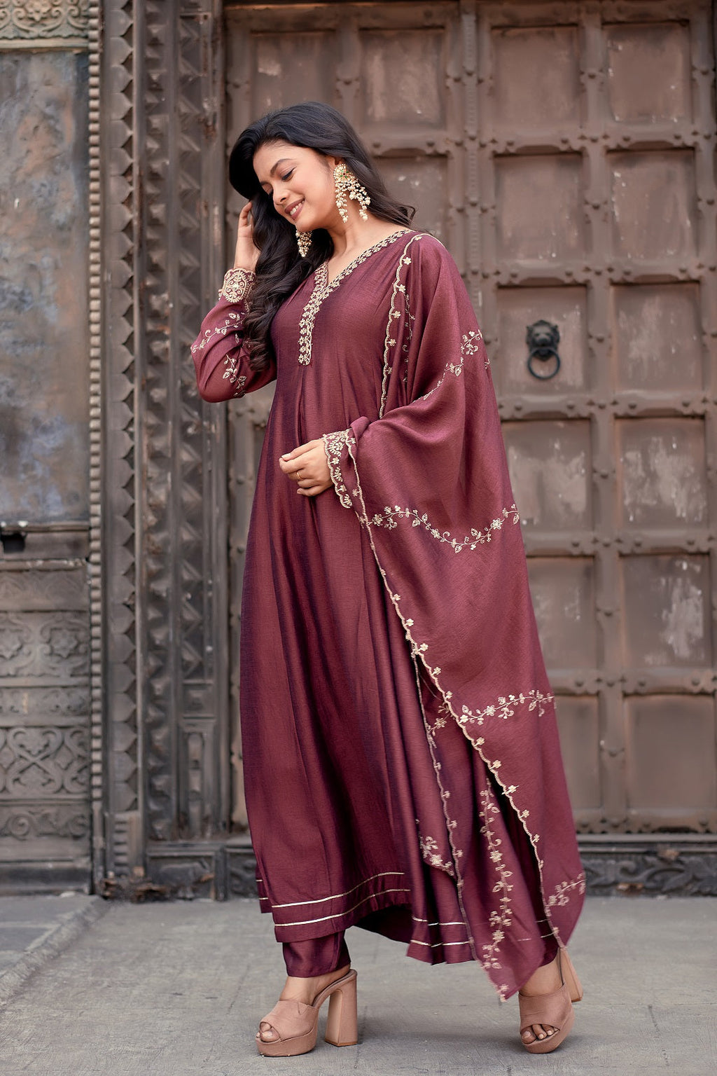 Dwija Fashion Anarkali Kurti Vichitra Silk Embroidered Maroon Color Kurti With Pant And Dupatta | Grocsy