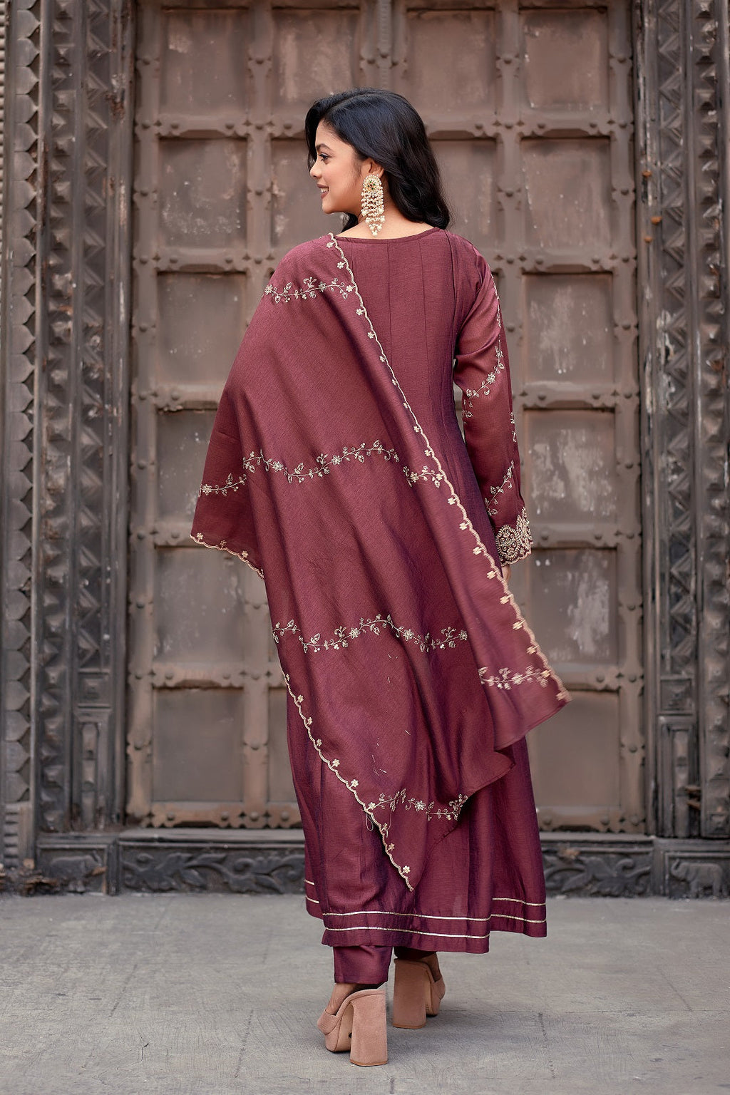 Dwija Fashion Anarkali Kurti Vichitra Silk Embroidered Maroon Color Kurti With Pant And Dupatta | Grocsy