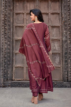 Dwija Fashion Anarkali Kurti Vichitra Silk Embroidered Maroon Color Kurti With Pant And Dupatta | Grocsy