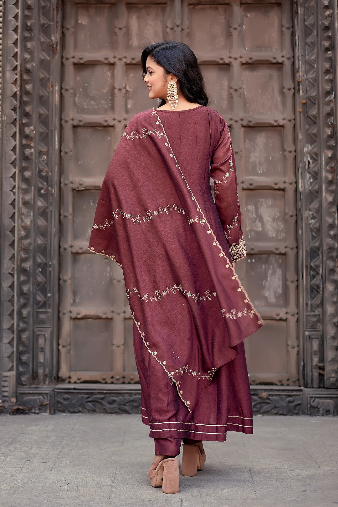 Dwija Fashion Anarkali Kurti Vichitra Silk Embroidered Maroon Color Kurti With Pant And Dupatta | Grocsy