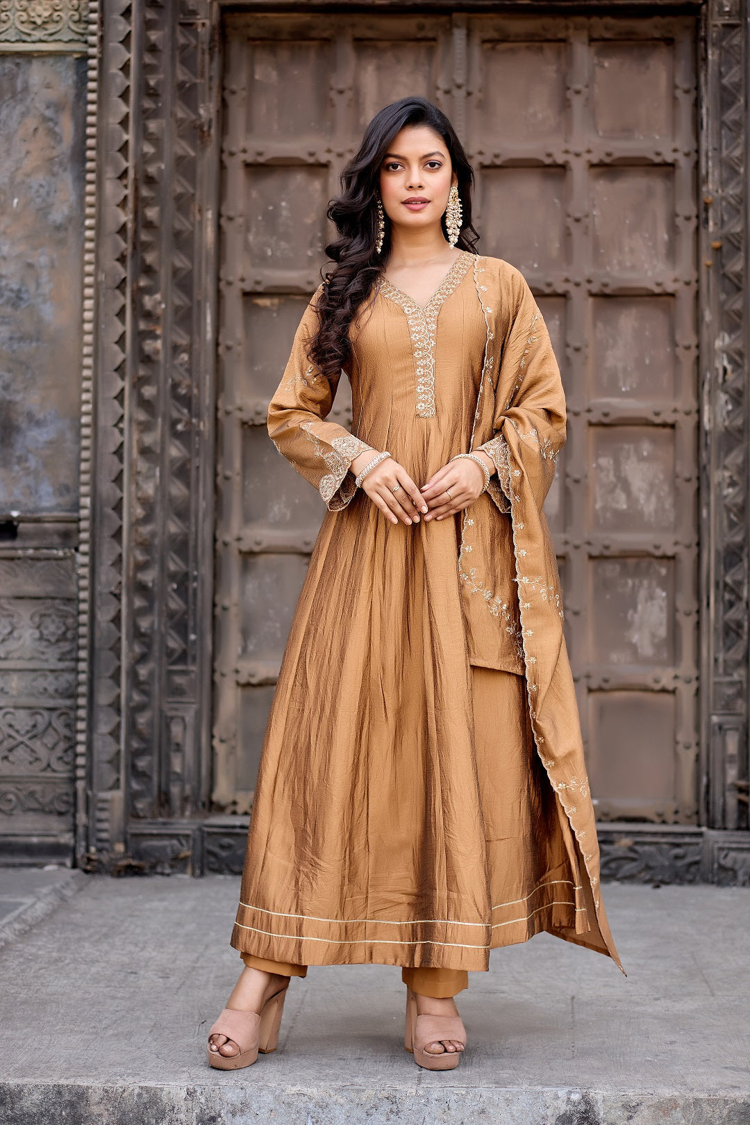 Dwija Fashion Anarkali Kurti Vichitra Silk Embroidered Maroon Color Kurti With Pant And Dupatta | Grocsy