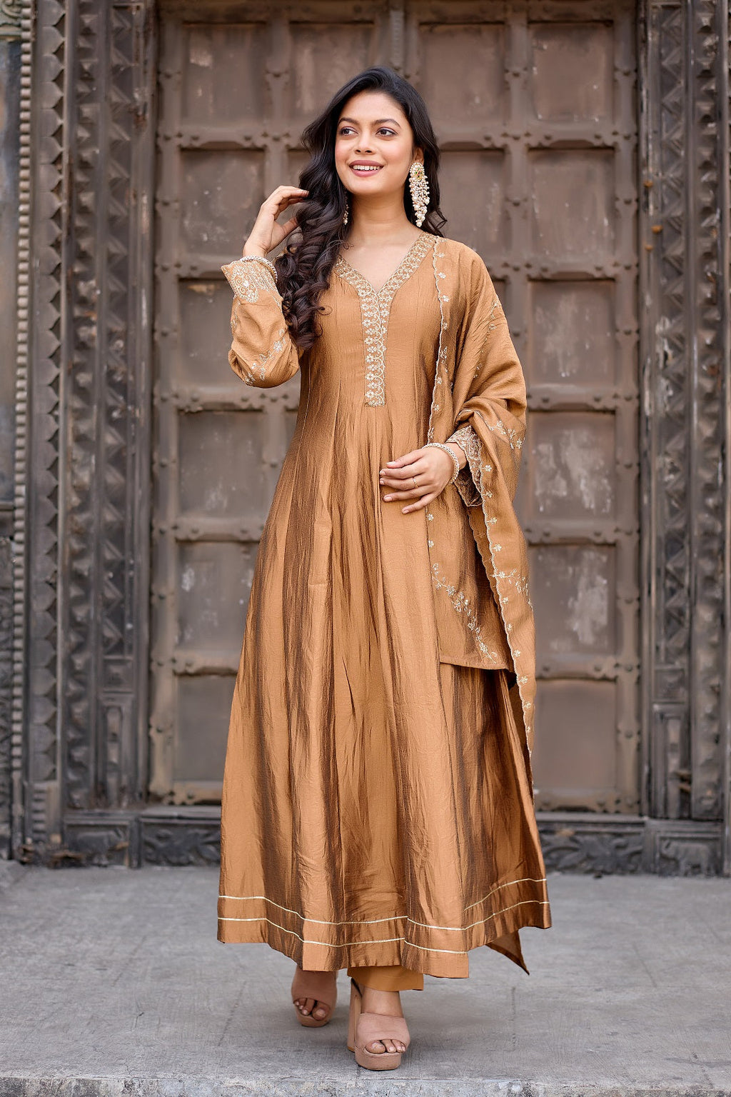 Dwija Fashion Anarkali Kurti Vichitra Silk Embroidered Maroon Color Kurti With Pant And Dupatta | Grocsy