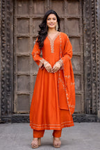 Dwija Fashion Anarkali Kurti Vichitra Silk Embroidered Maroon Color Kurti With Pant And Dupatta | Grocsy