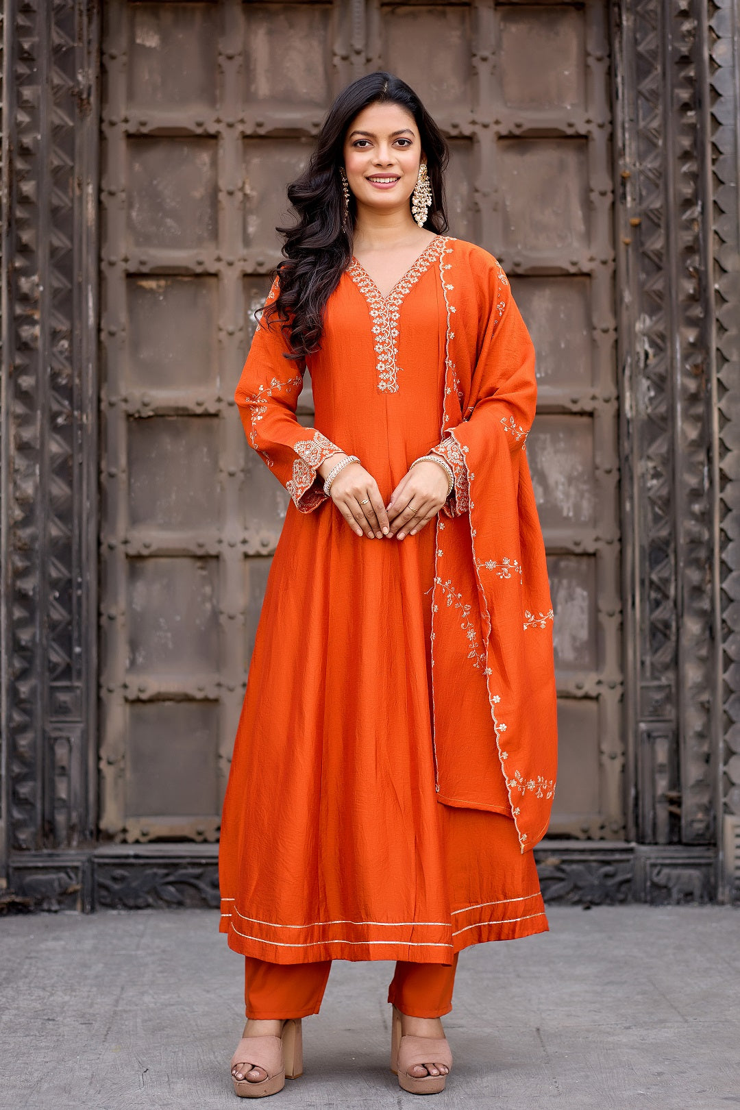 Dwija Fashion Anarkali Kurti Vichitra Silk Embroidered Maroon Color Kurti With Pant And Dupatta | Grocsy