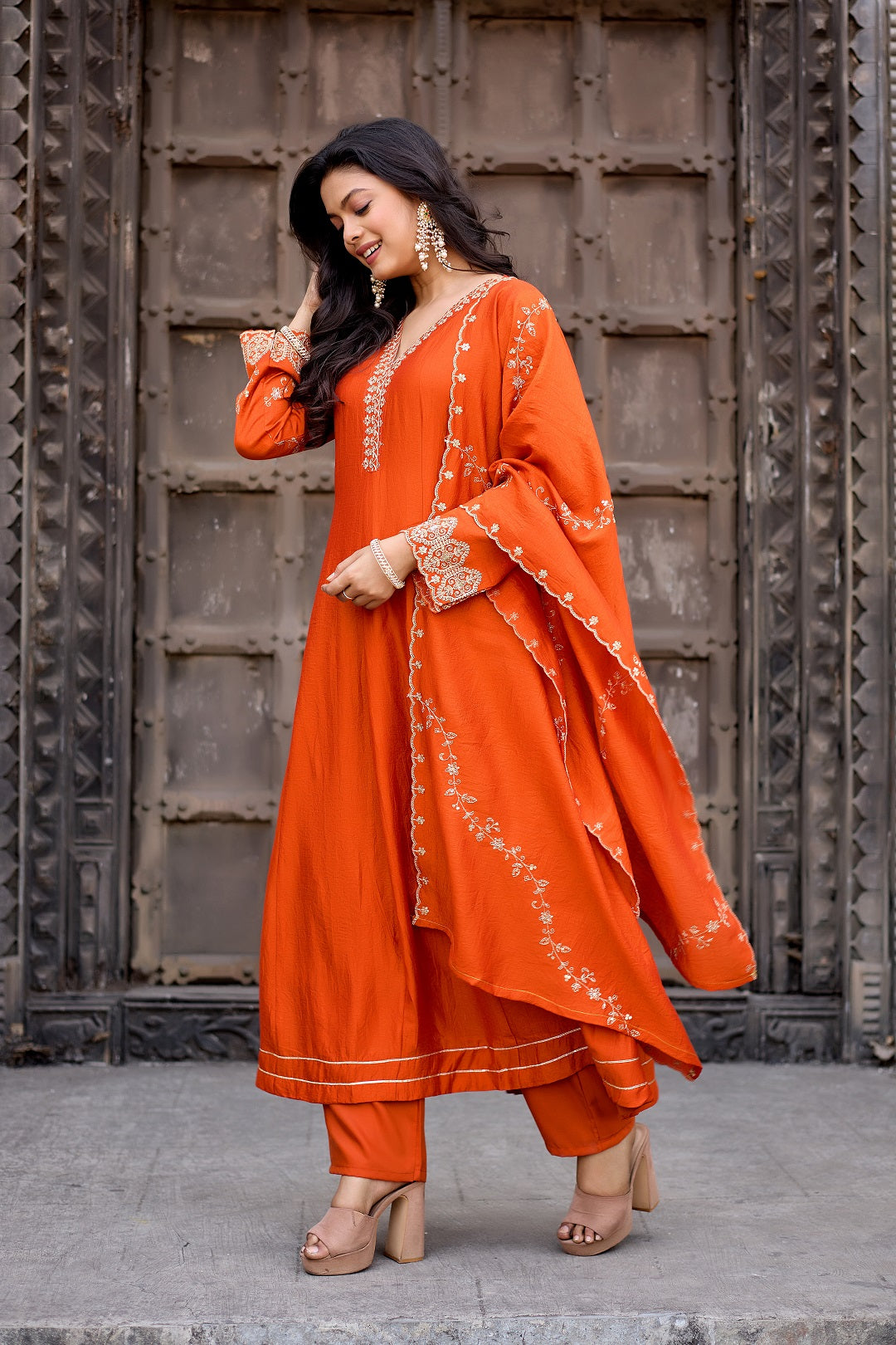 Dwija Fashion Anarkali Kurti Vichitra Silk Embroidered Maroon Color Kurti With Pant And Dupatta | Grocsy
