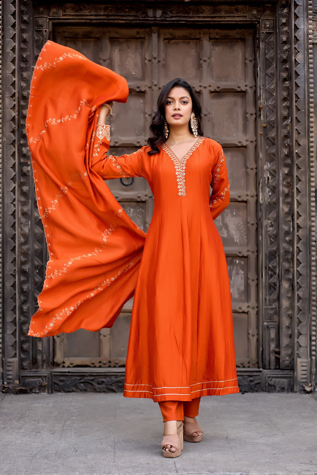 Dwija Fashion Anarkali Kurti Vichitra Silk Embroidered Maroon Color Kurti With Pant And Dupatta | Grocsy