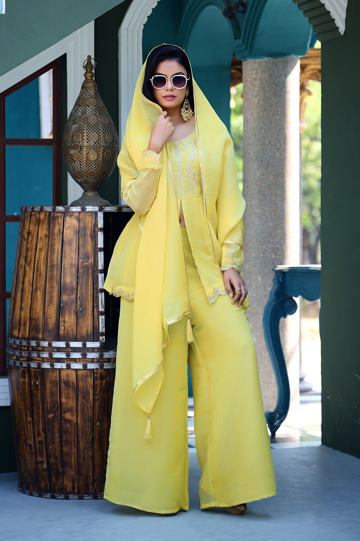 Dwija Fashion Short Kurti Crepe Embroidered Lime Green Color Kurti With Palazzo And Dupatta | Grocsy