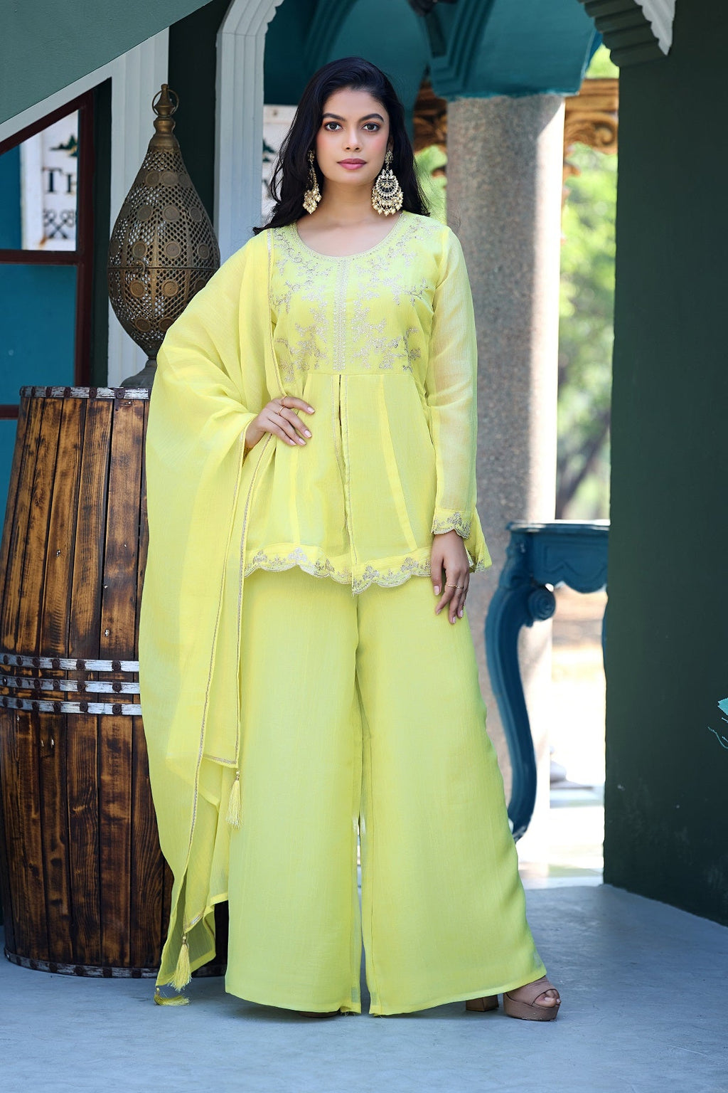 Dwija Fashion Short Kurti Crepe Embroidered Lime Green Color Kurti With Palazzo And Dupatta | Grocsy
