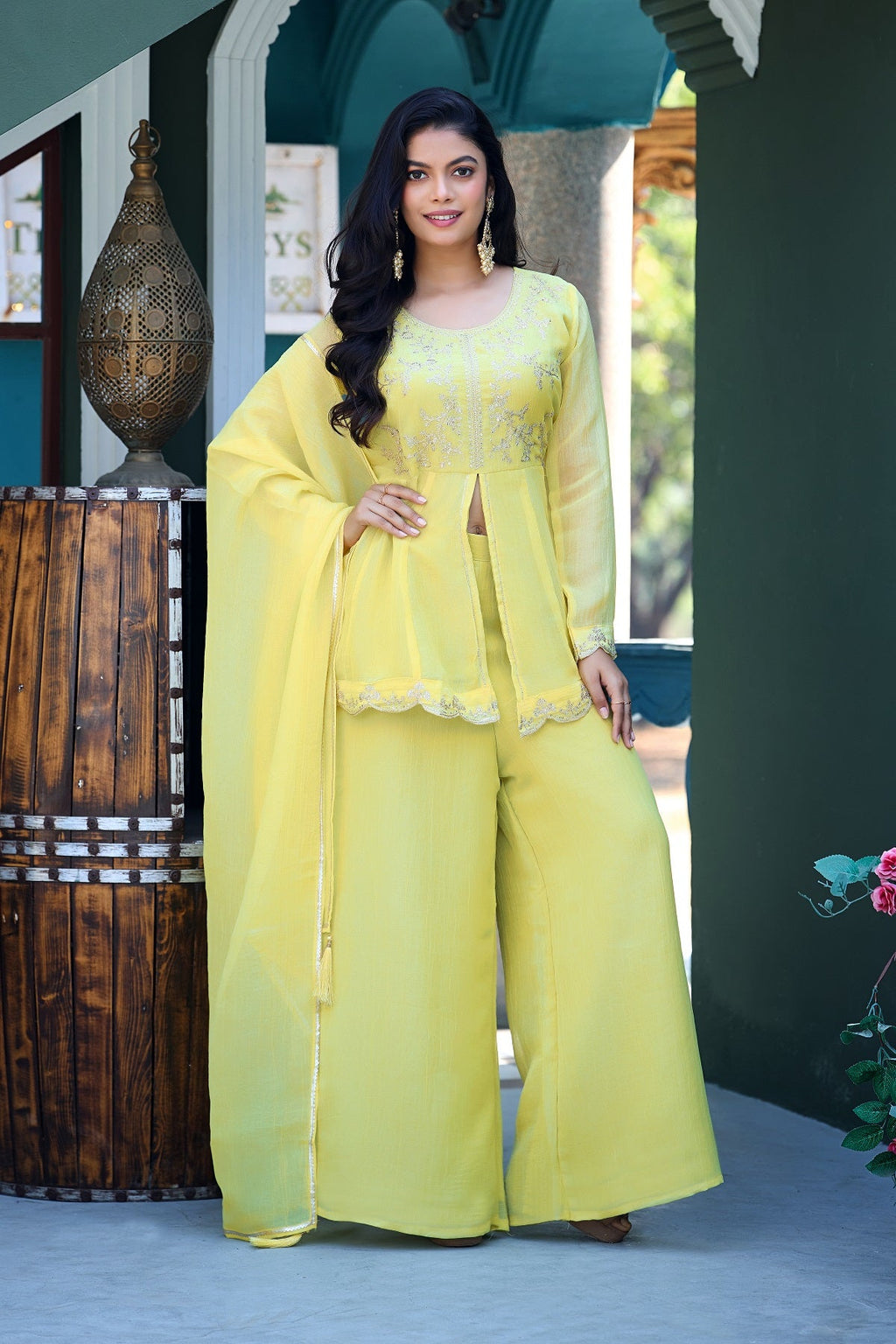 Dwija Fashion Short Kurti Crepe Embroidered Lime Green Color Kurti With Palazzo And Dupatta | Grocsy