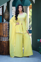 Dwija Fashion Short Kurti Crepe Embroidered Lime Green Color Kurti With Palazzo And Dupatta | Grocsy