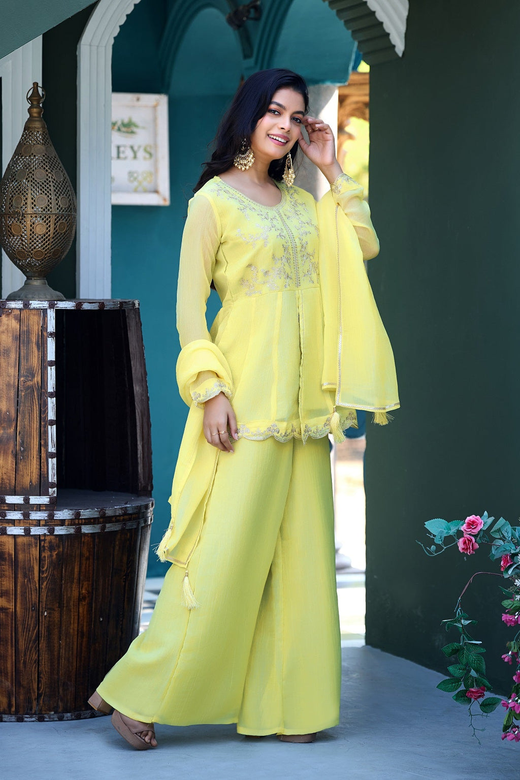 Dwija Fashion Short Kurti Crepe Embroidered Lime Green Color Kurti With Palazzo And Dupatta | Grocsy