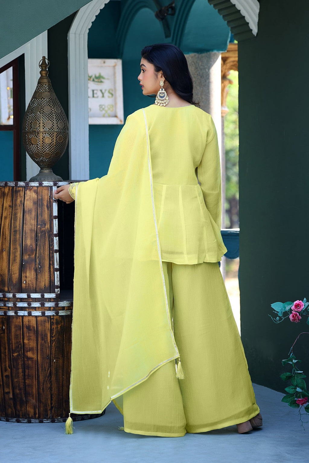 Dwija Fashion Short Kurti Crepe Embroidered Lime Green Color Kurti With Palazzo And Dupatta | Grocsy