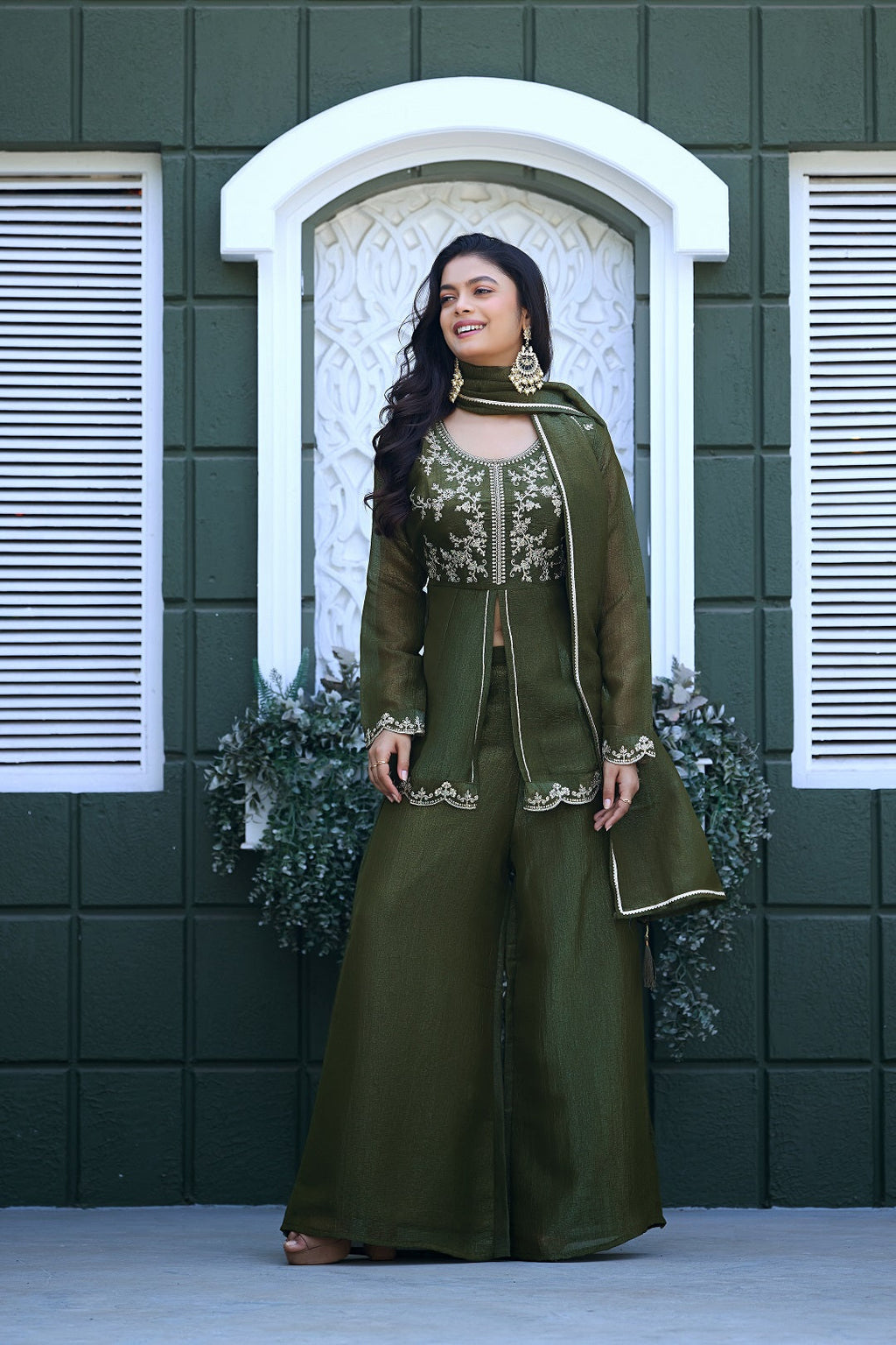 Dwija Fashion Short Kurti Crepe Embroidered Lime Green Color Kurti With Palazzo And Dupatta | Grocsy