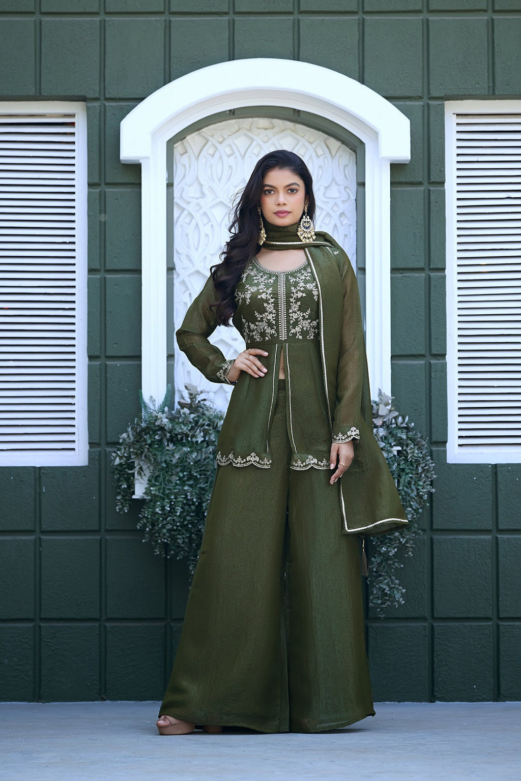 Dwija Fashion Short Kurti Crepe Embroidered Lime Green Color Kurti With Palazzo And Dupatta | Grocsy