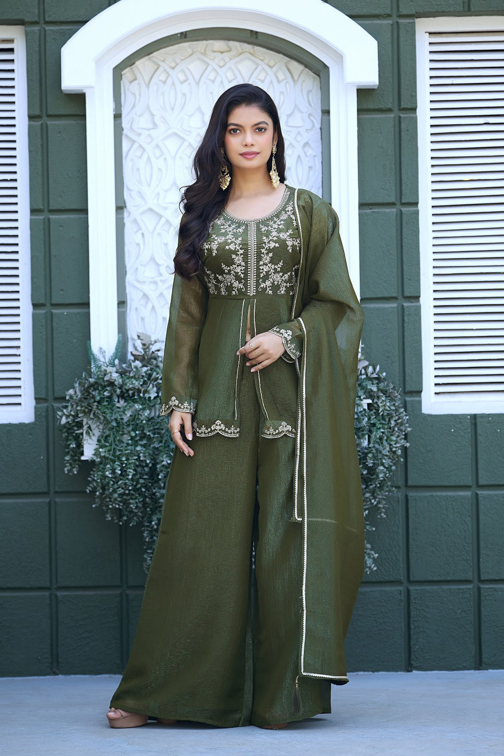 Dwija Fashion Short Kurti Crepe Embroidered Lime Green Color Kurti With Palazzo And Dupatta | Grocsy
