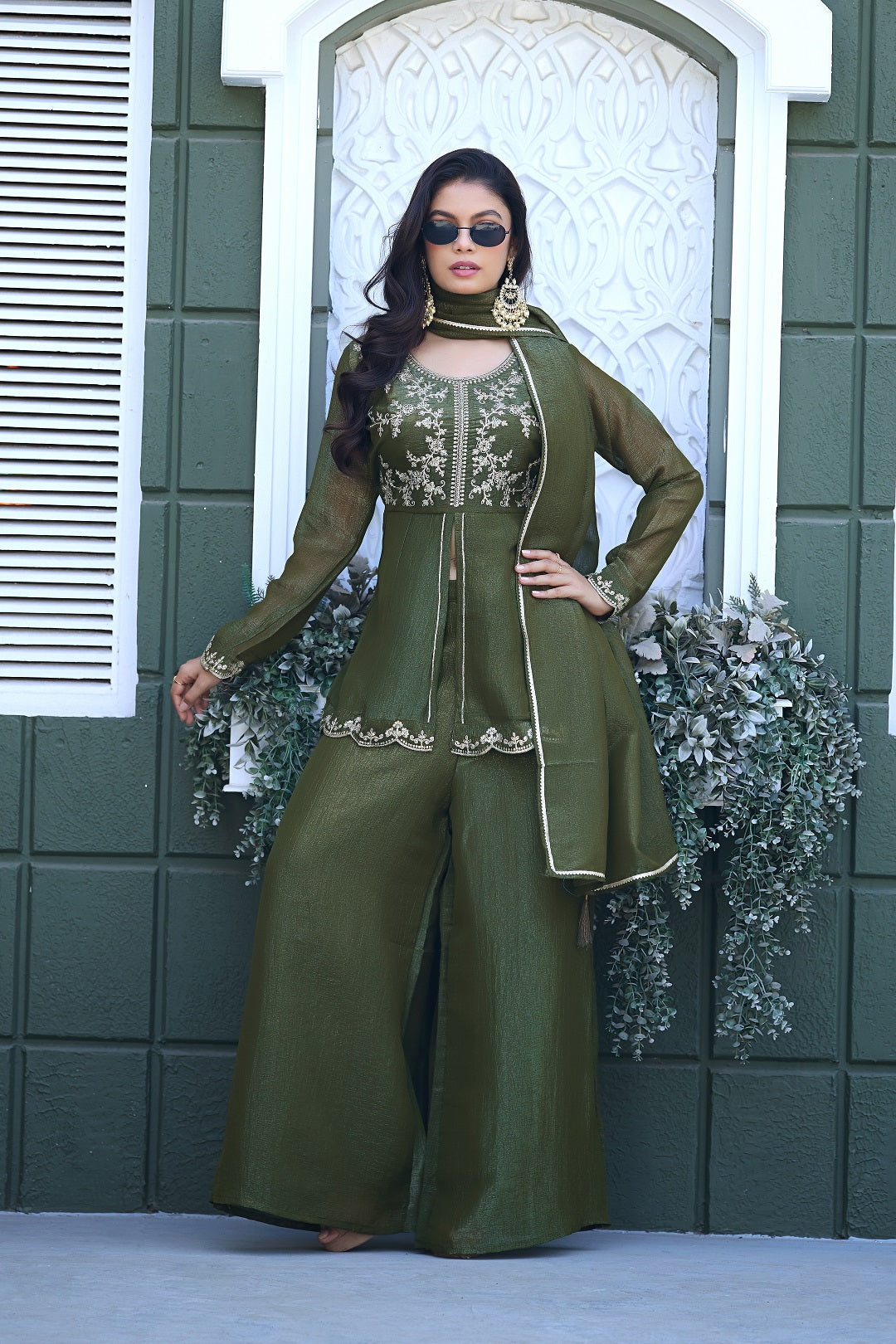 Dwija Fashion Short Kurti Crepe Embroidered Lime Green Color Kurti With Palazzo And Dupatta | Grocsy