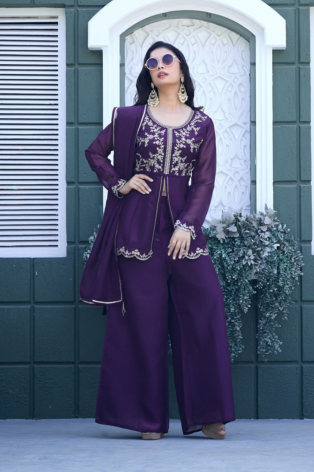 Dwija Fashion Short Kurti Crepe Embroidered Purple Color Kurti With Palazzo And Dupatta | Grocsy