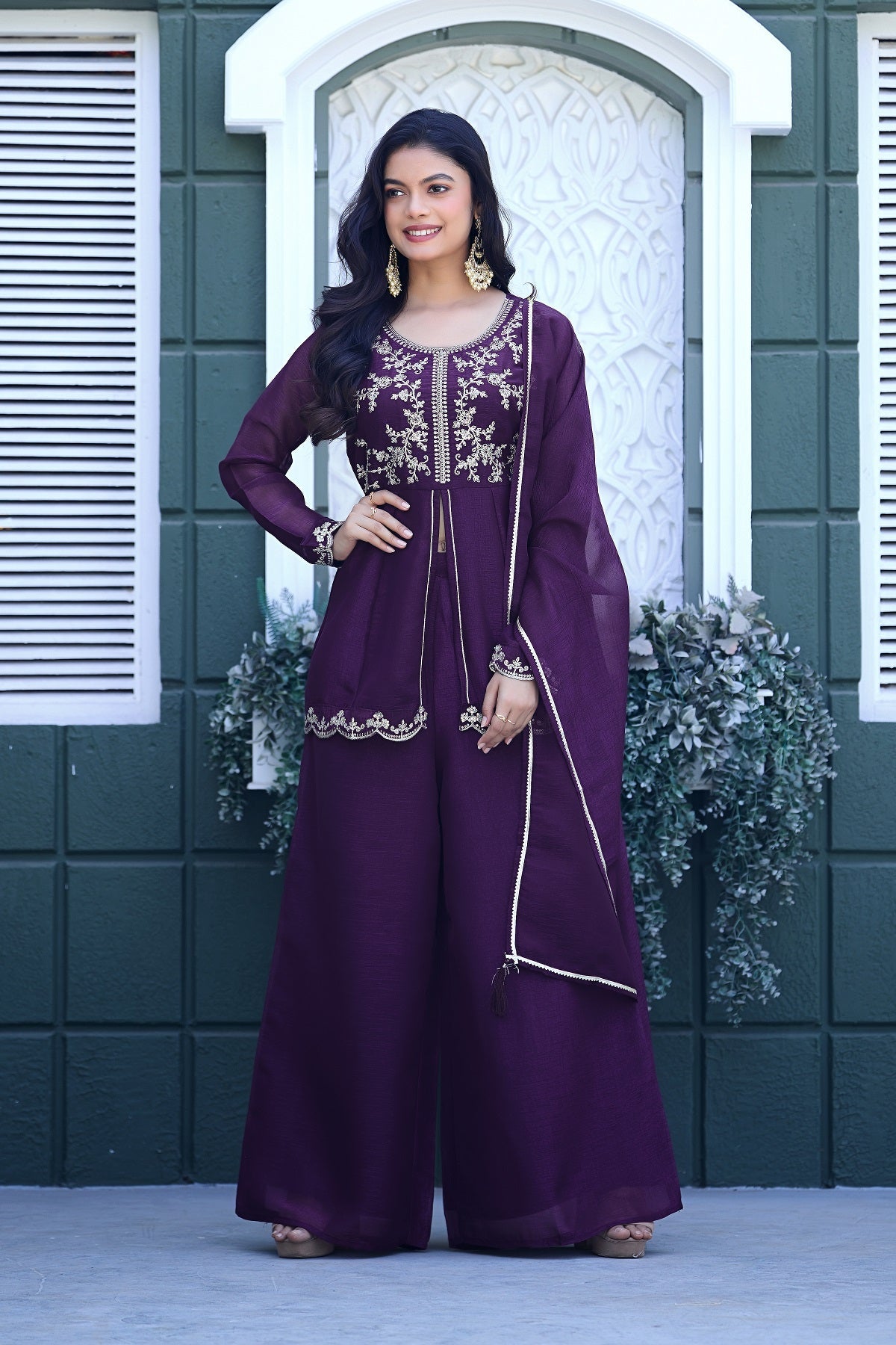 Dwija Fashion Short Kurti Crepe Embroidered Purple Color Kurti With Palazzo And Dupatta | Grocsy