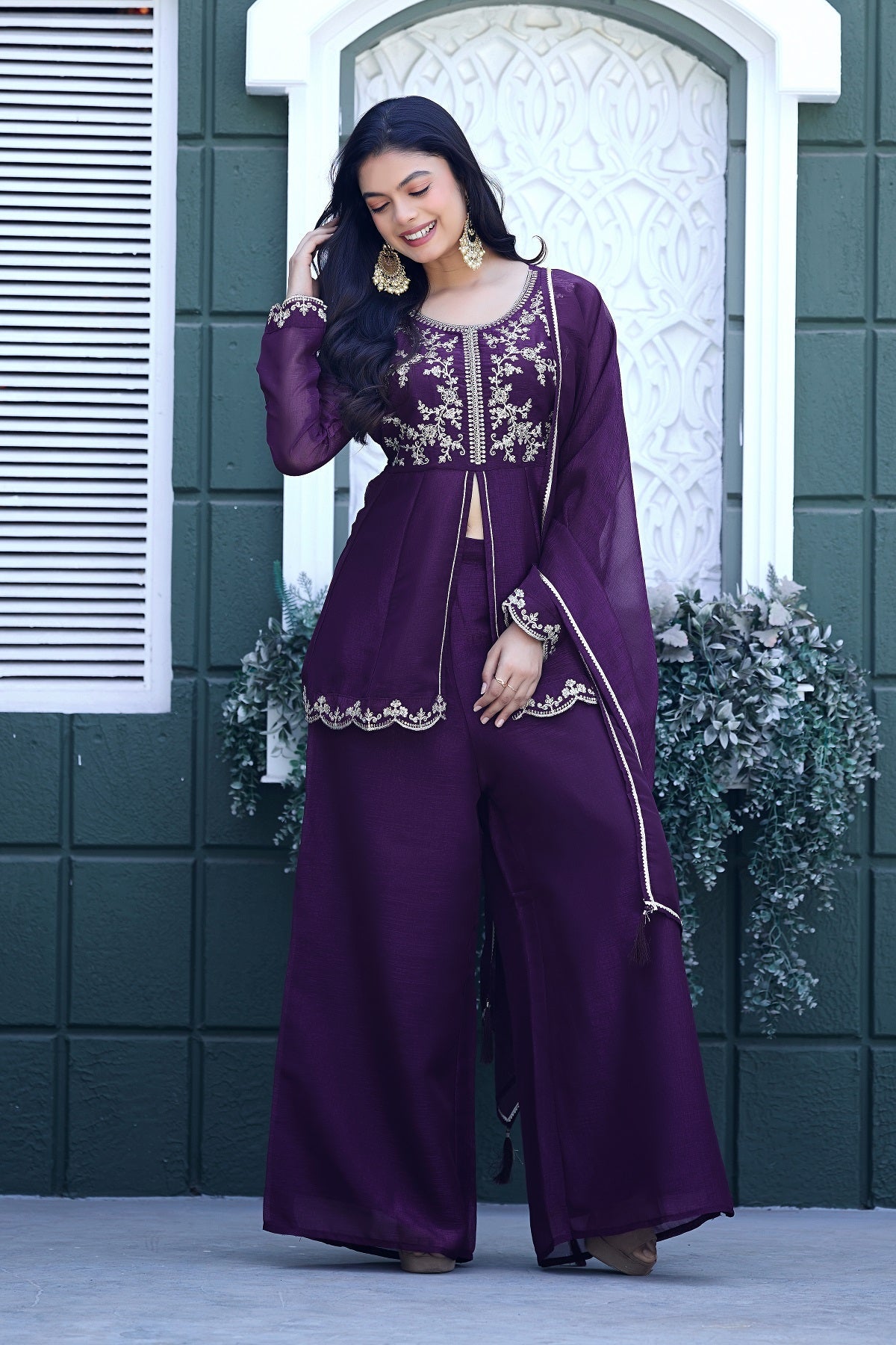 Dwija Fashion Short Kurti Crepe Embroidered Purple Color Kurti With Palazzo And Dupatta | Grocsy