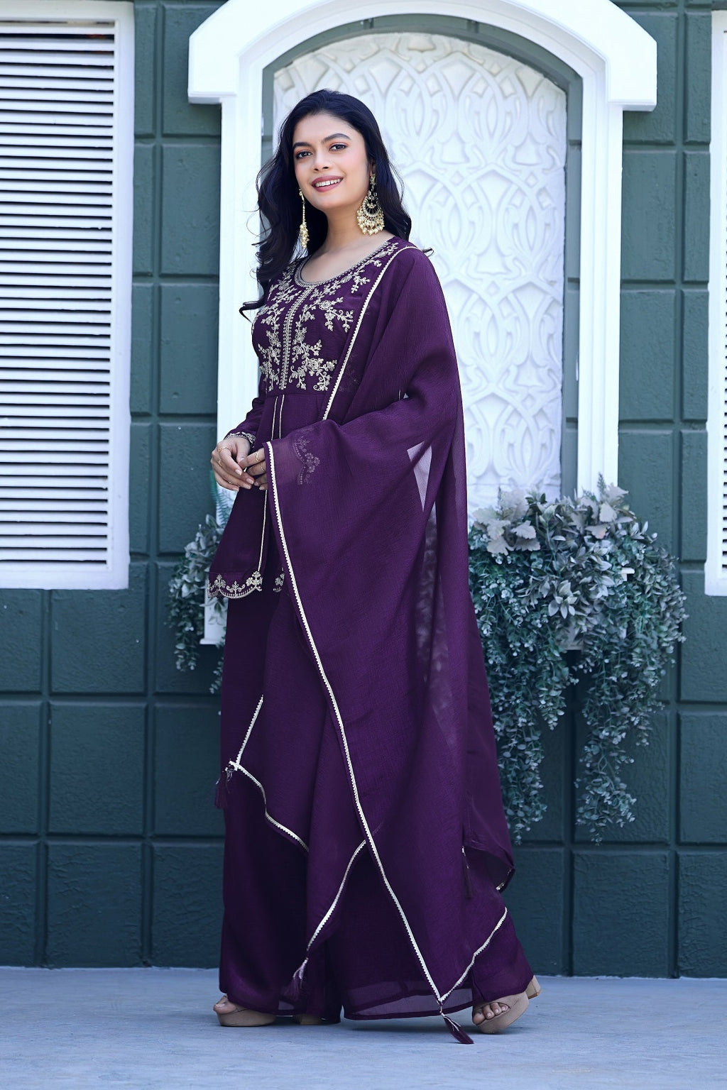 Dwija Fashion Short Kurti Crepe Embroidered Purple Color Kurti With Palazzo And Dupatta | Grocsy